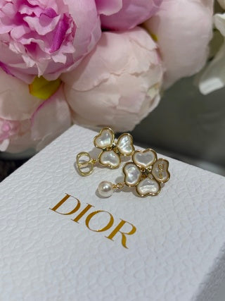 Dior Clover Pearl CD Charm Stud Earrings