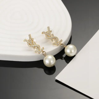 YSL Pearl Monogram Charm Drop Earrings